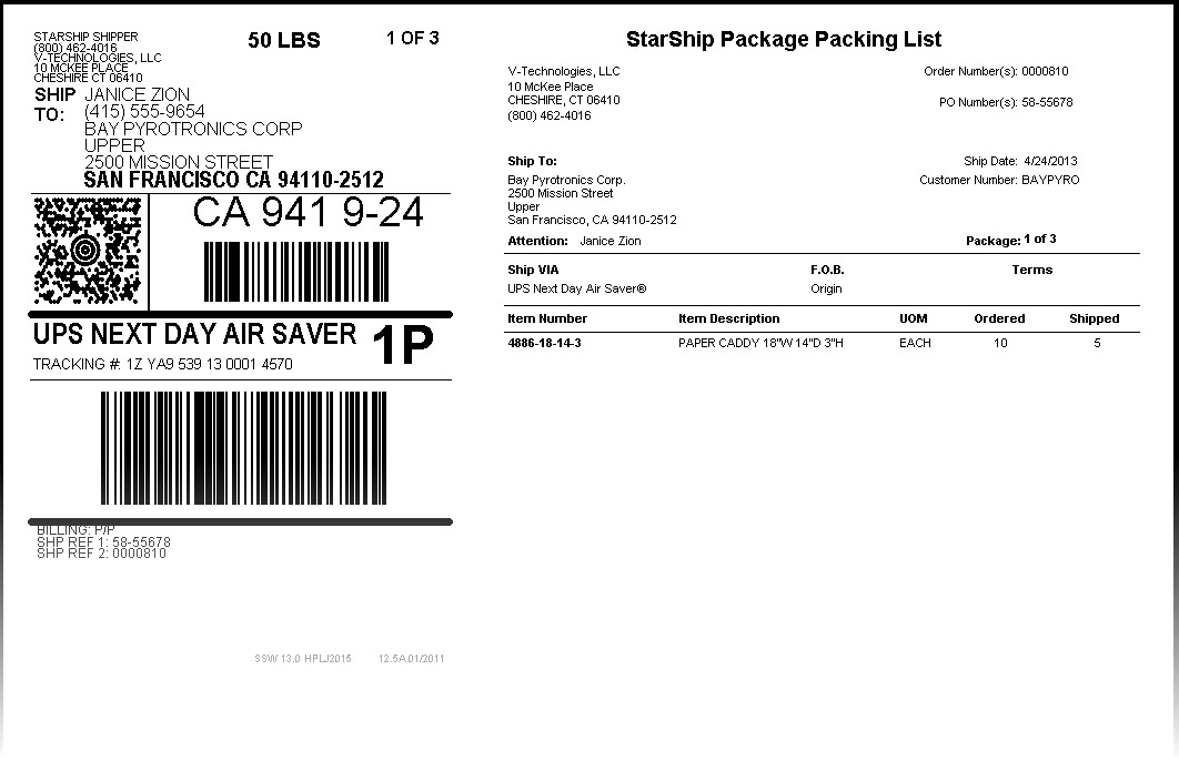 shipping software packing list and shipping label